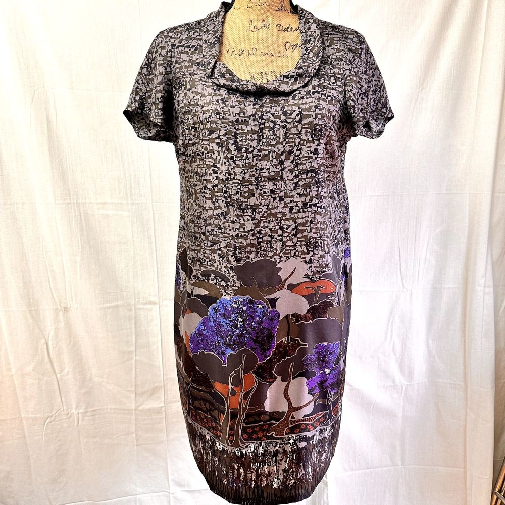 SPORTMAX Pura Seta Gray Silk Graphic Printed Mini Dress w Pockets SZ 10